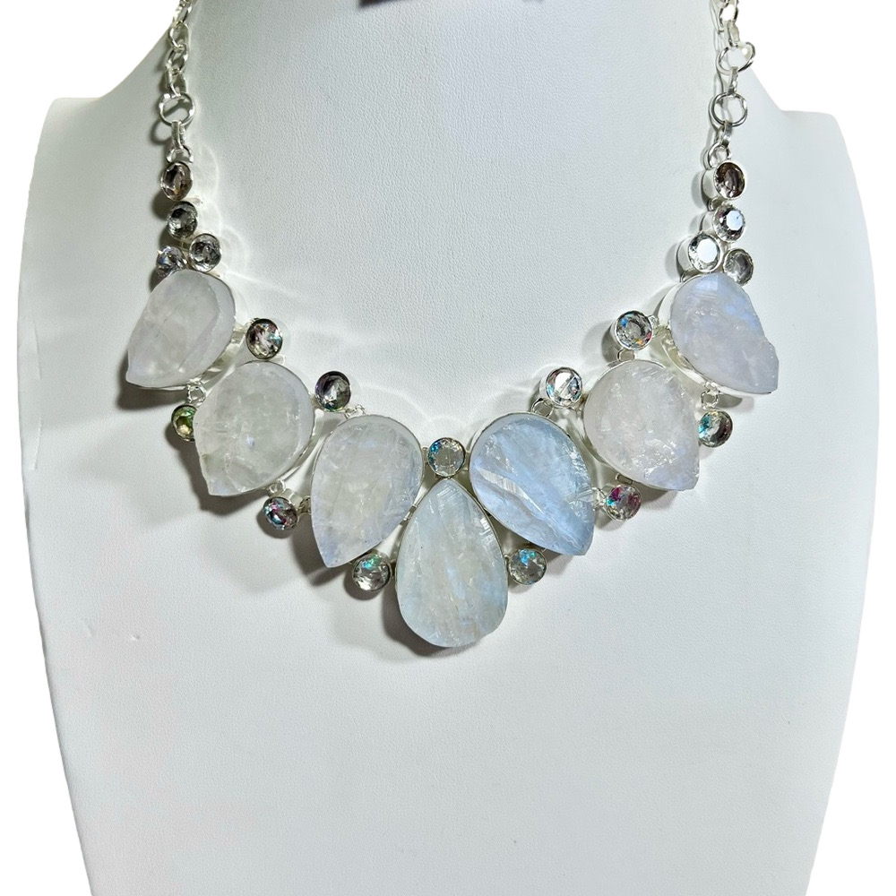 Rainbow Moonstone 925 Silver Overlay Large Gemstone Necklace Pear Shapes